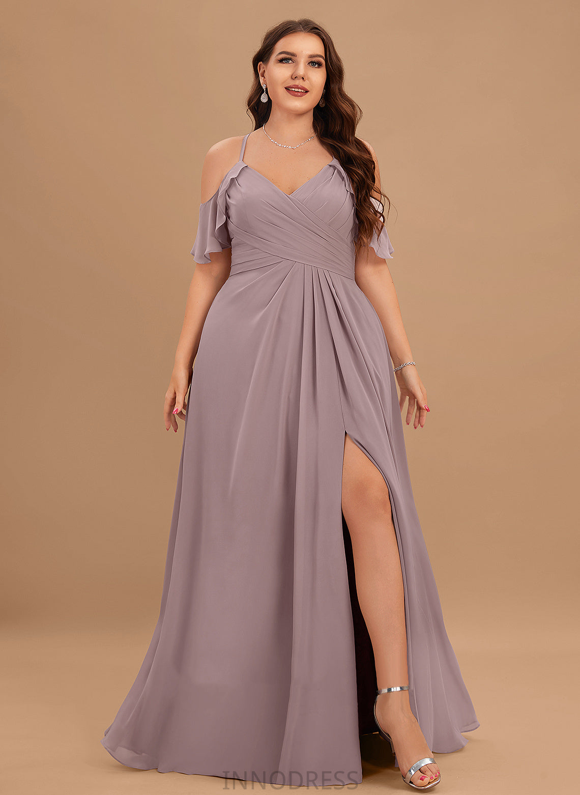 ColdShoulder Silhouette Floor-Length Neckline Length SplitFront CascadingRuffles Embellishment V-neck A-Line Fabric Ruffle Bridesmaid Dresses