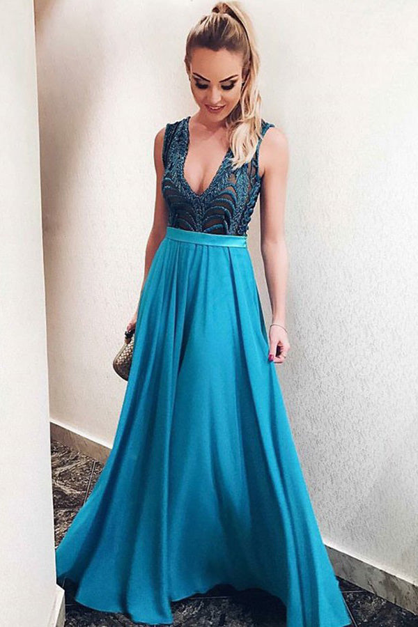 Elegant Blue Satin V Neck Open Back Sleeveless Prom Dresses