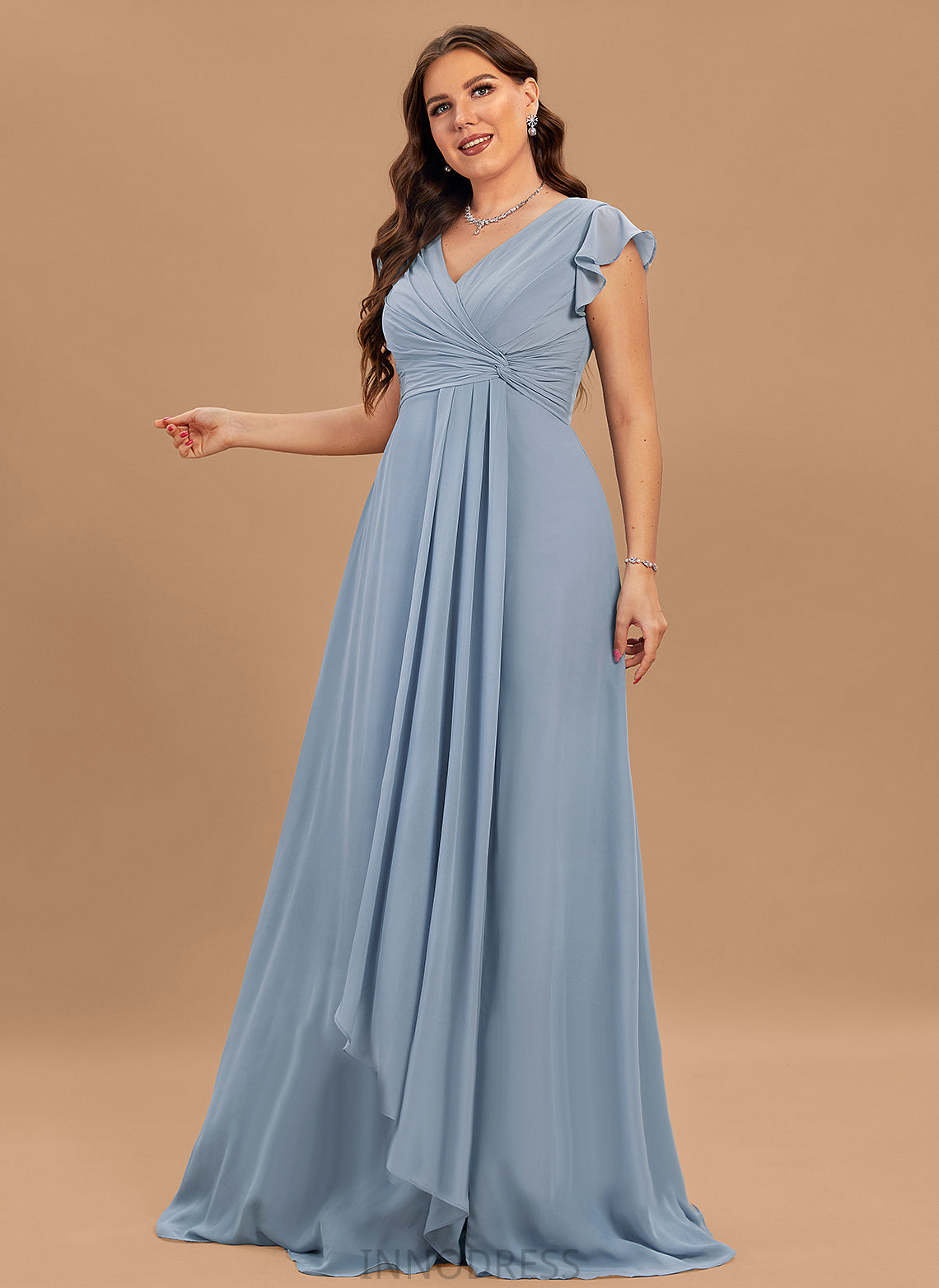 Floor-Length Silhouette Fabric Ruffle Neckline V-neck SplitFront A-Line Length Embellishment Maryjane Floor Length Bridesmaid Dresses