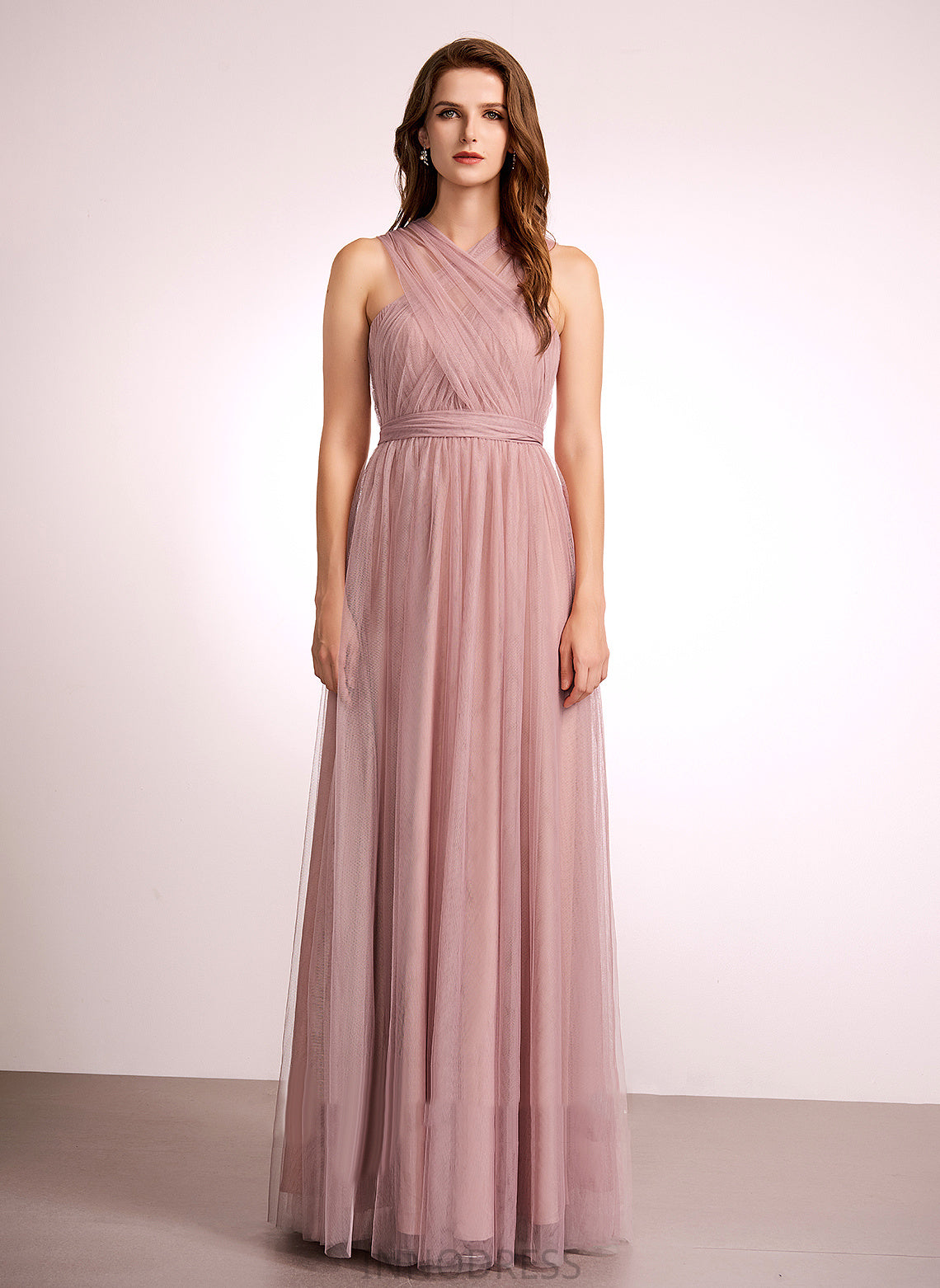 Fabric One-Shoulder Off-the-Shoulder Neckline A-Line Floor-Length Tulle Straps Silhouette V-neck Length Emmalee Bridesmaid Dresses