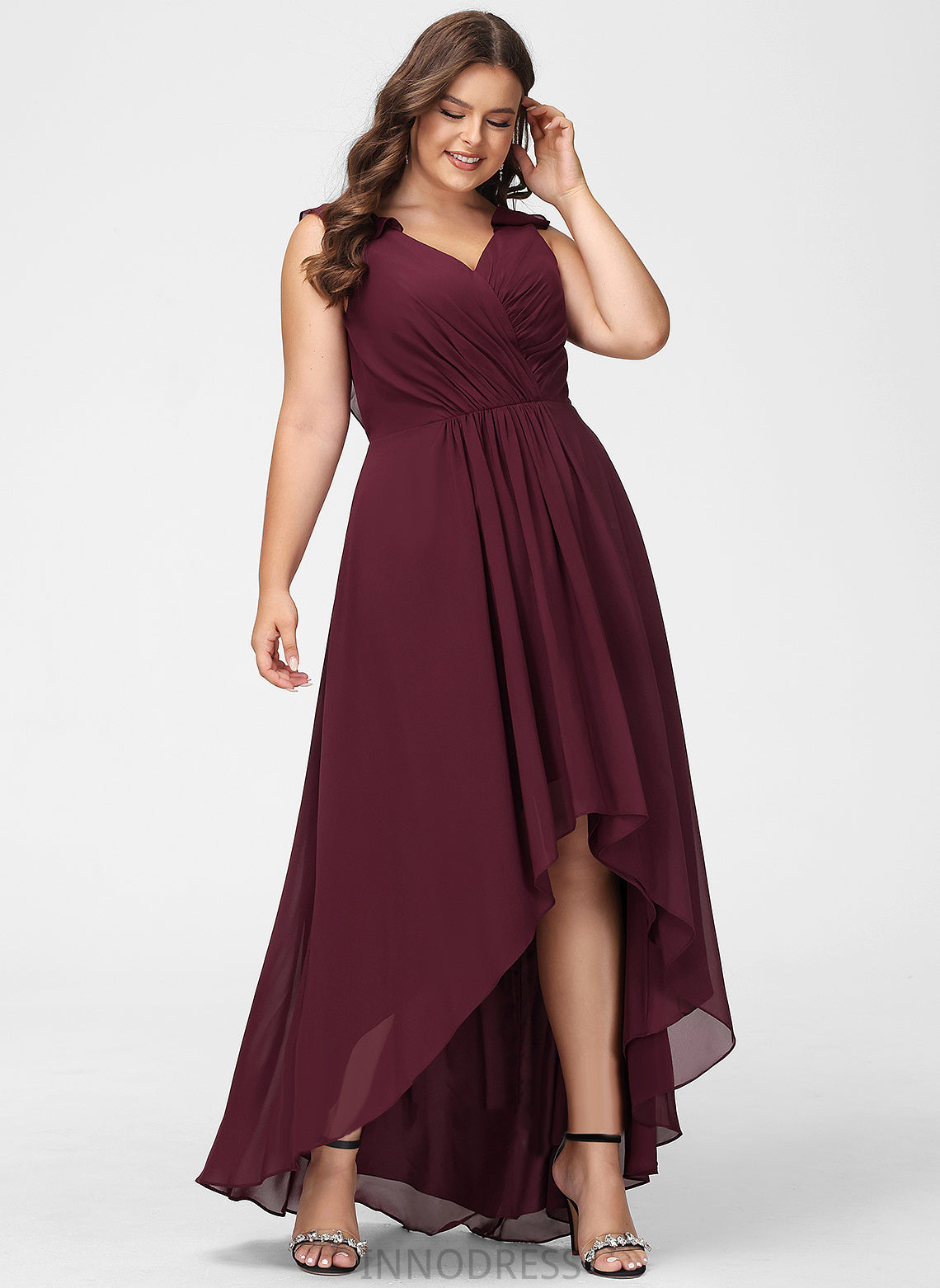 Length Neckline A-Line Silhouette V-neck Fabric Ruffle Embellishment Asymmetrical Kali Floor Length Sleeveless Bridesmaid Dresses