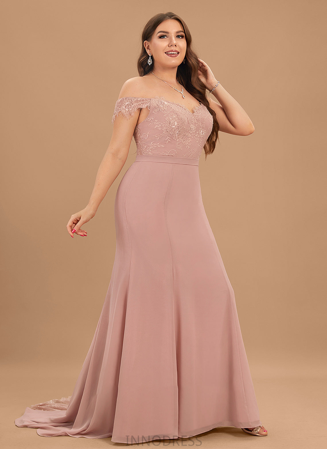 Court Prom Dresses Off-the-Shoulder Trumpet/Mermaid Train Lace Natalee With Chiffon Sequins