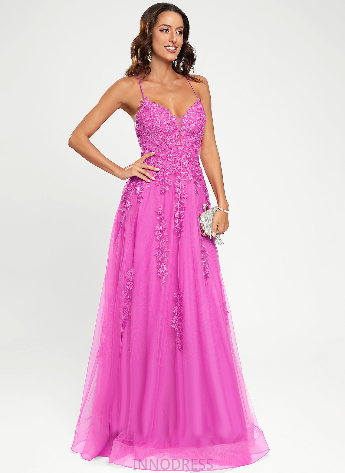 V-neck Tulle A-Line Floor-Length Jocelynn Prom Dresses