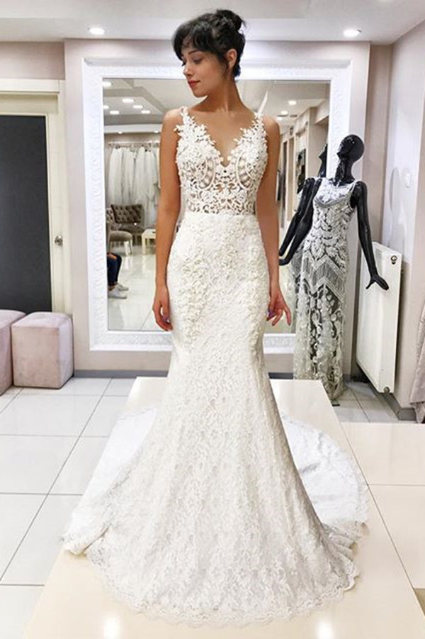 Charming Sweep Train Sleeveless Mermaid Lace Wedding Dresses