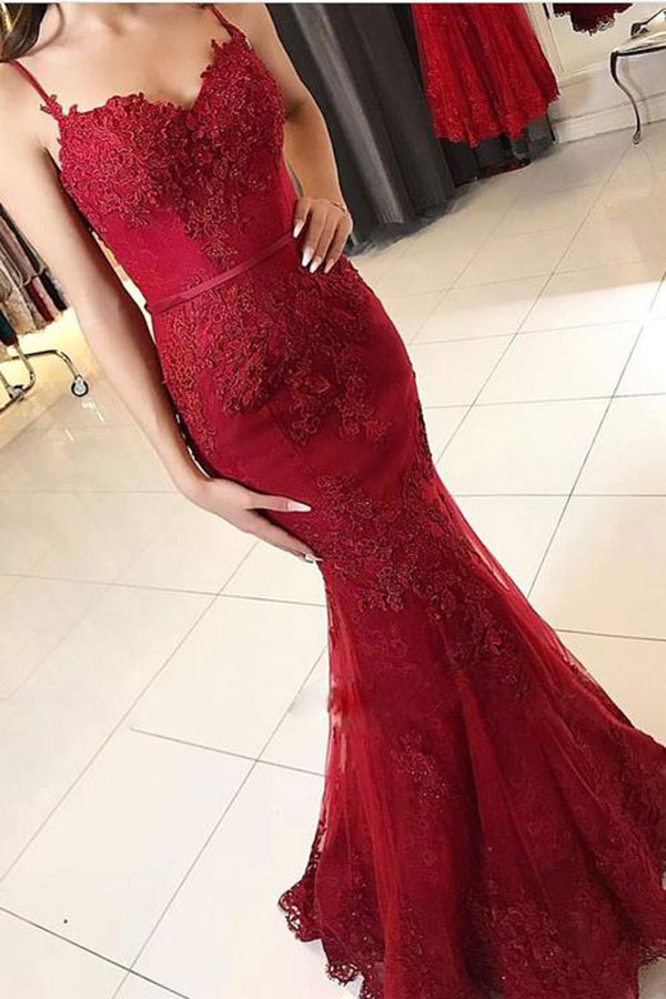 Impressive Red Spaghetti Straps Mermaid With Lace Appliques Prom Dresses