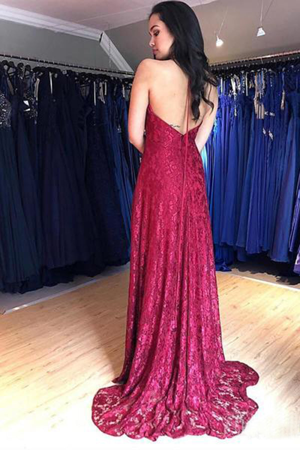 Burgundy Halter Sleeveless Floor Length Prom Dresses with Split