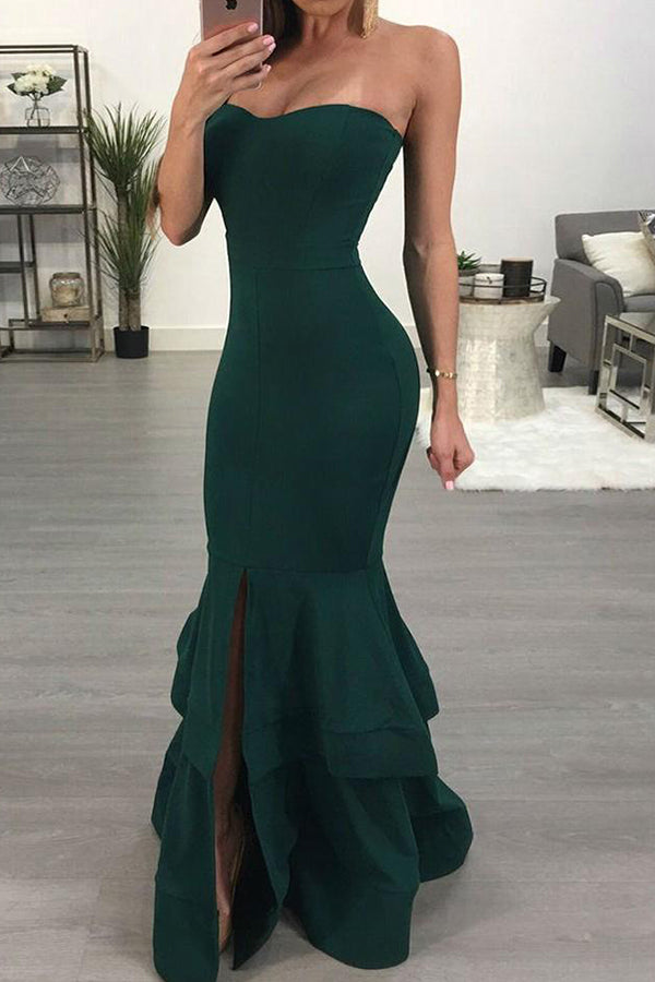 Dark Green Sweetheart Mermaid Prom Dresses with Split Side