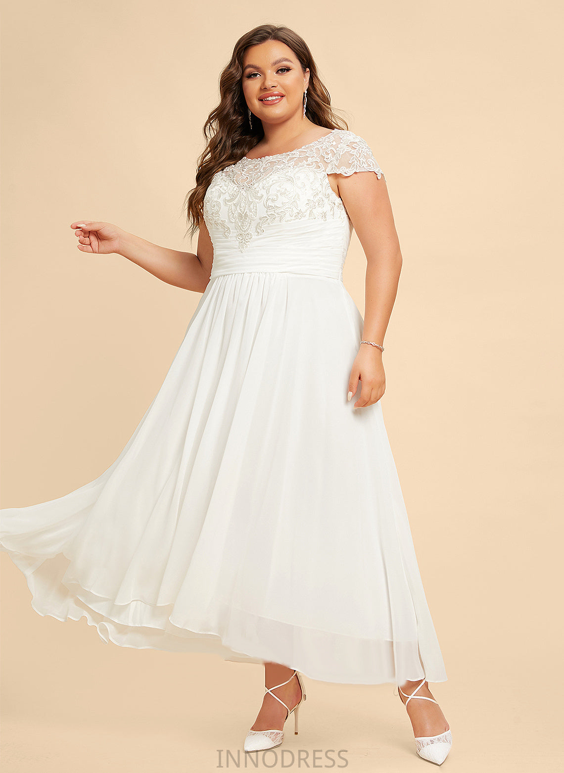 Scoop Dress A-Line Chiffon Natasha Wedding Lace Neck Asymmetrical Wedding Dresses