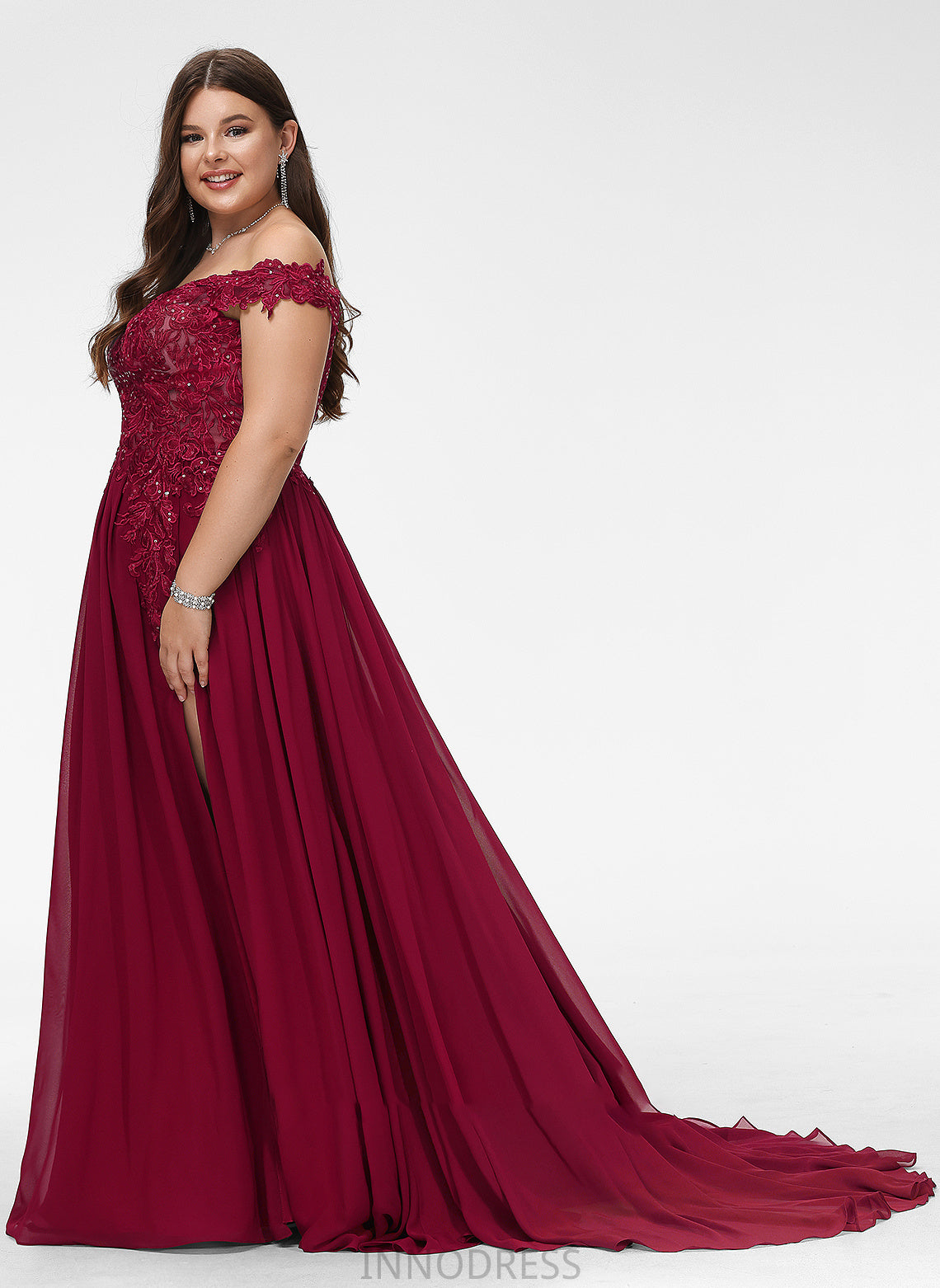 Prom Dresses A-Line Chiffon Nyla Sweep Sequins With Off-the-Shoulder Lace Train