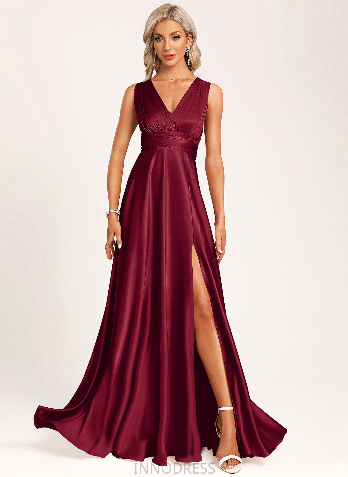 A-Line Neckline V-neck Fabric Halter Straps&Sleeves One-Shoulder Satin Length Silhouette Floor-Length Amani Bridesmaid Dresses