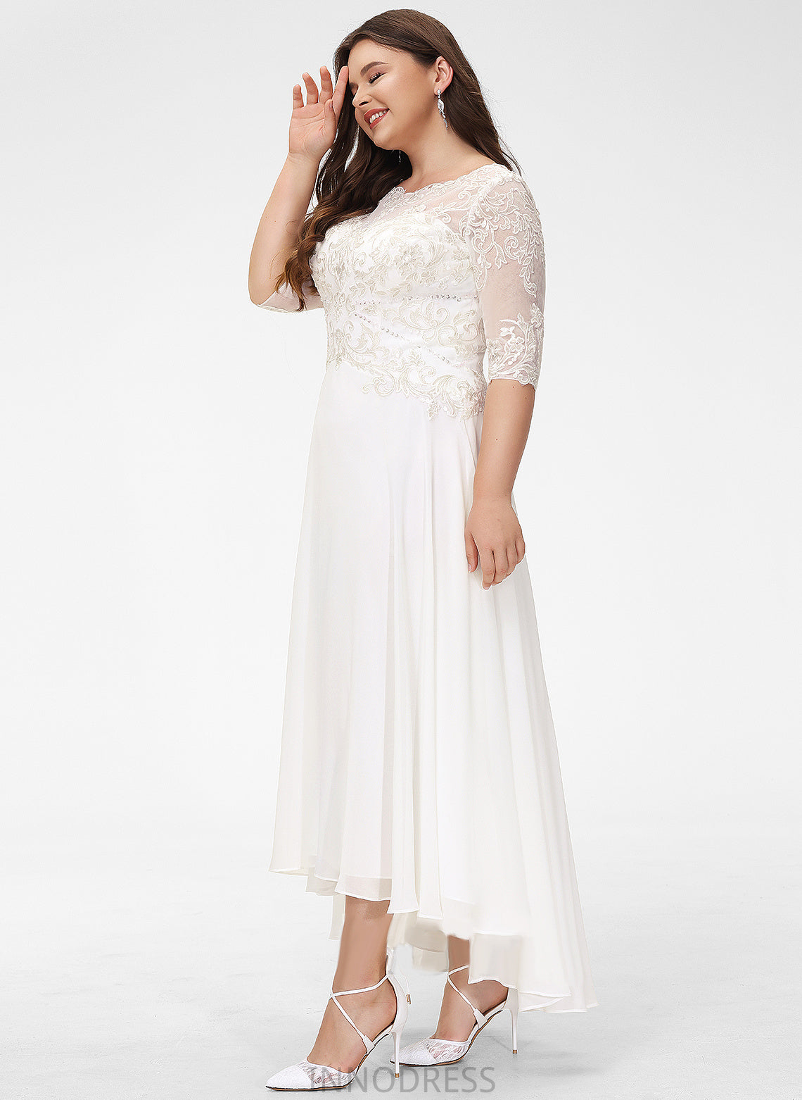 With A-Line Asymmetrical Wedding Dresses Sequins Chiffon Dress Scoop Lace Beading Melody Wedding