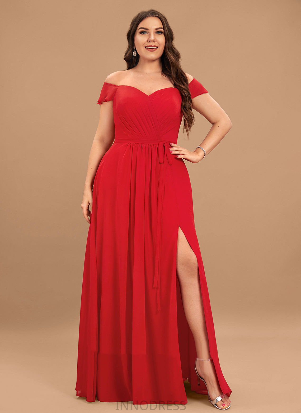 SplitFront Off-the-Shoulder Embellishment Length A-Line Silhouette Fabric Neckline Ruffle Floor-Length Catherine Sheath/Column Bridesmaid Dresses