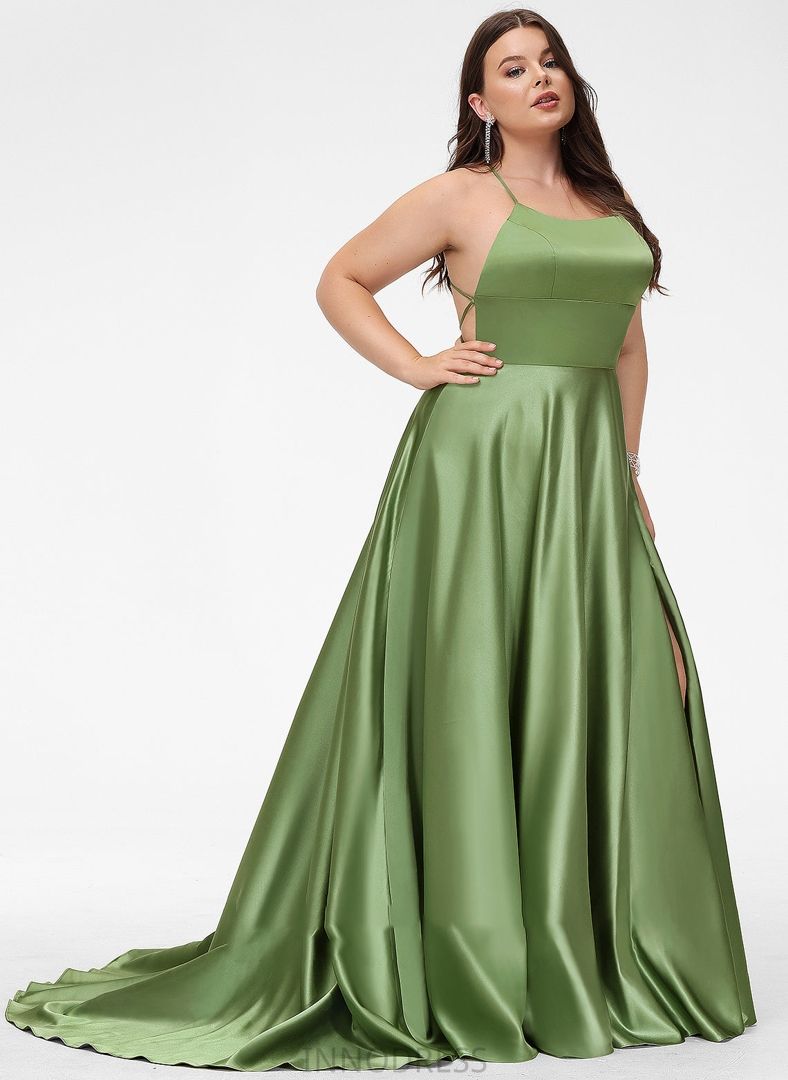 Scoop Lila Satin Split Prom Dresses Front A-Line With Sweep Neck Train