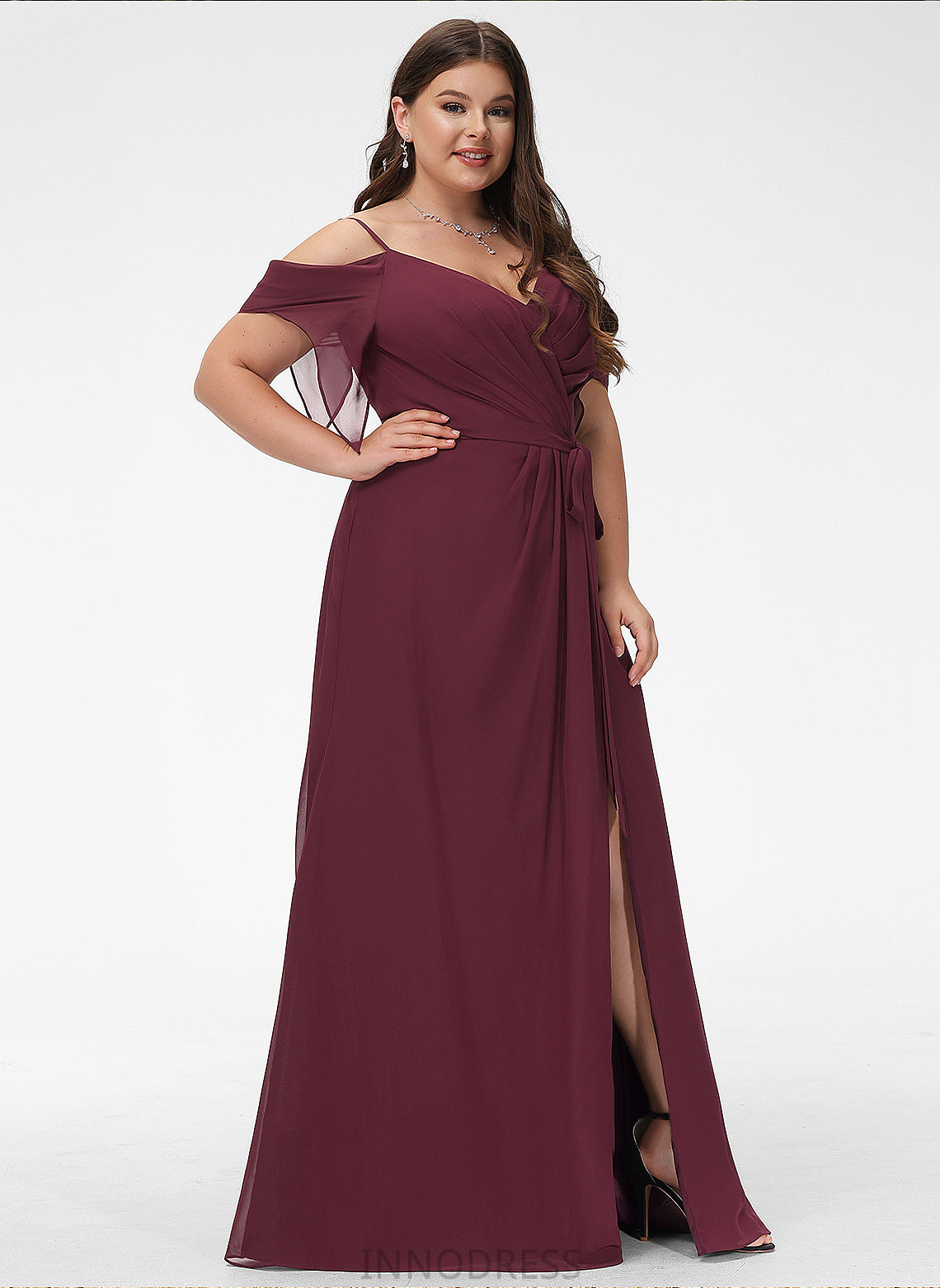 A-Line Fabric Silhouette Floor-Length SplitFront V-neck Neckline Embellishment Ruffle Length Sash Charlotte Bridesmaid Dresses