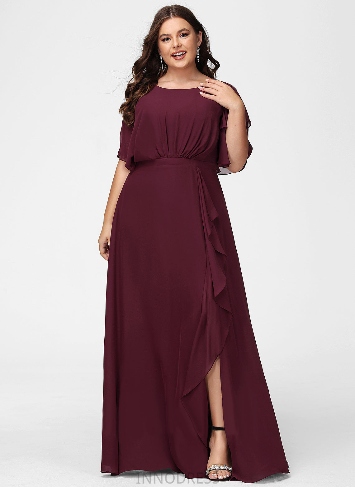 A-Line Embellishment ScoopNeck Ruffle Length Silhouette Neckline SplitFront Floor-Length Fabric Krystal V-Neck Bridesmaid Dresses