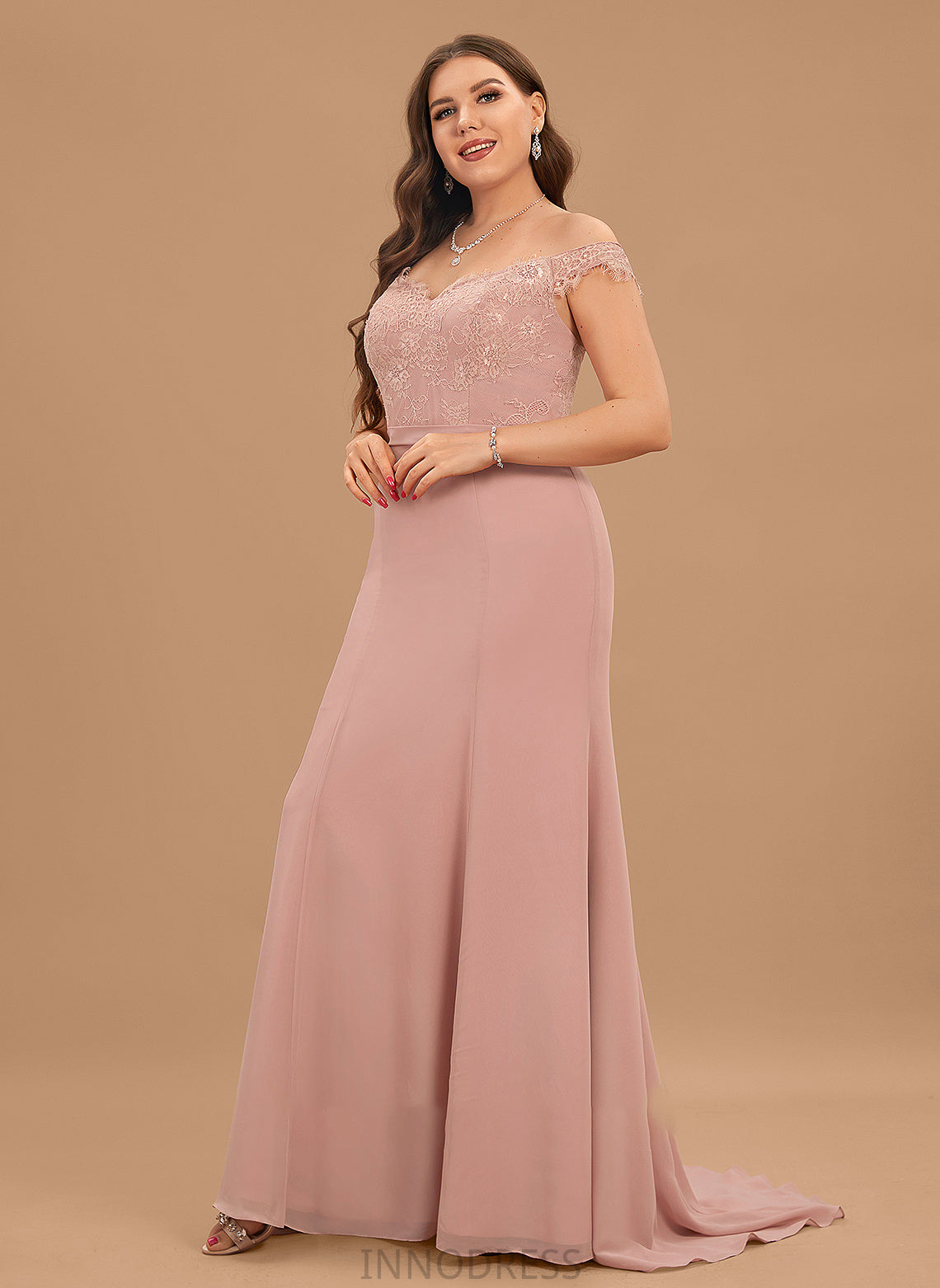 Court Prom Dresses Off-the-Shoulder Trumpet/Mermaid Train Lace Natalee With Chiffon Sequins