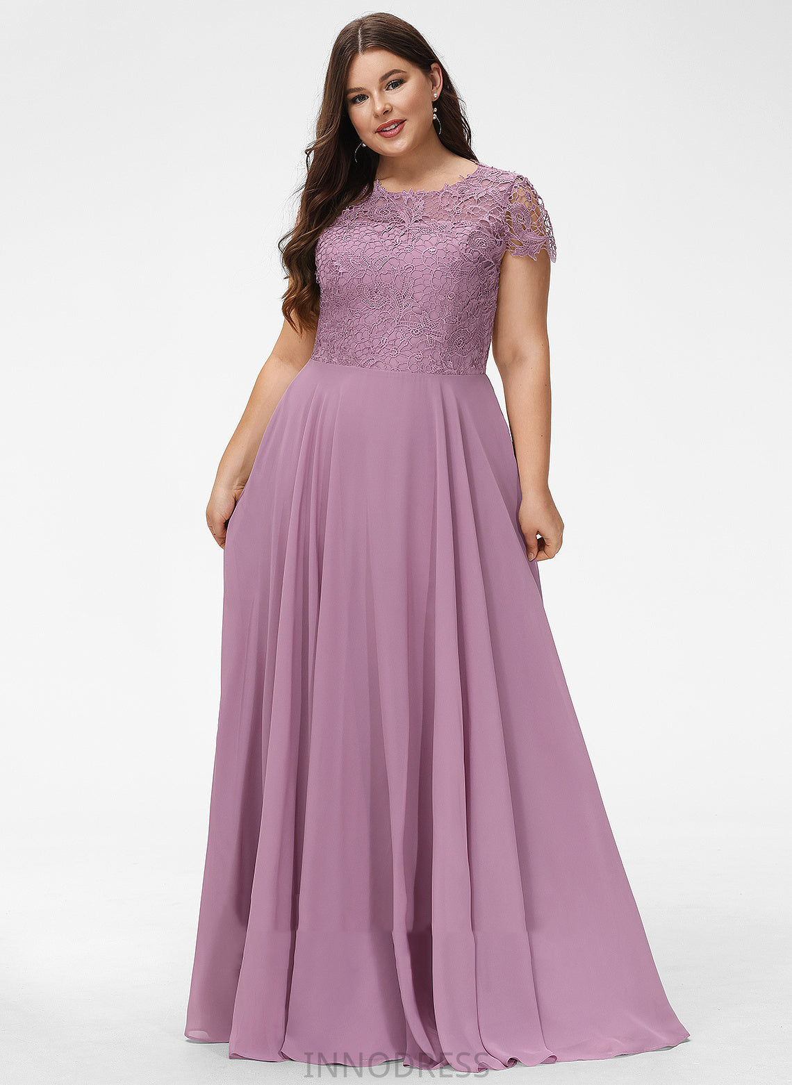 Floor-Length Scoop Fabric Silhouette Lace Straps&Sleeves Neckline A-Line Length Adeline Cap Sleeves Natural Waist Bridesmaid Dresses