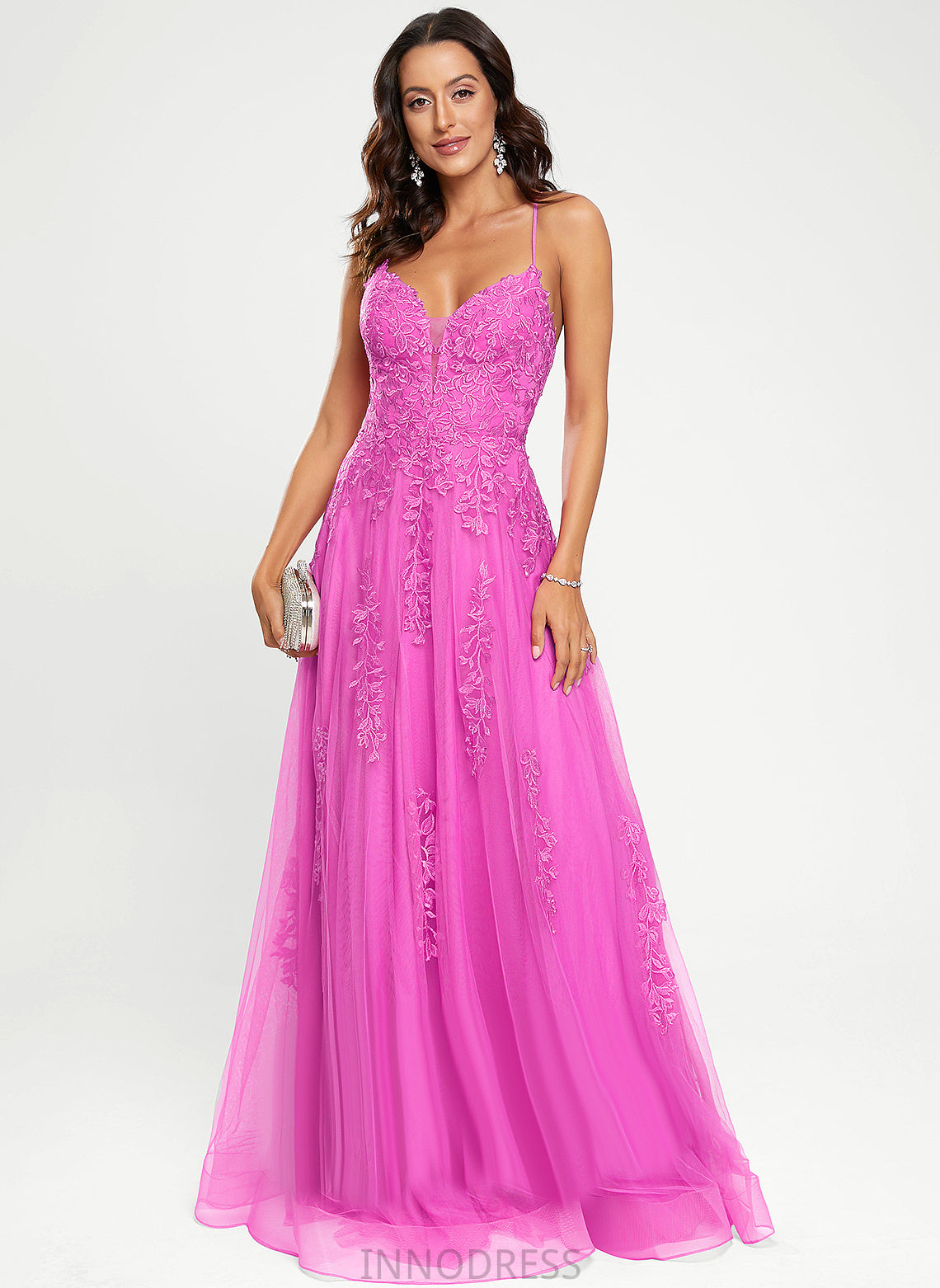 V-neck Tulle A-Line Floor-Length Jocelynn Prom Dresses