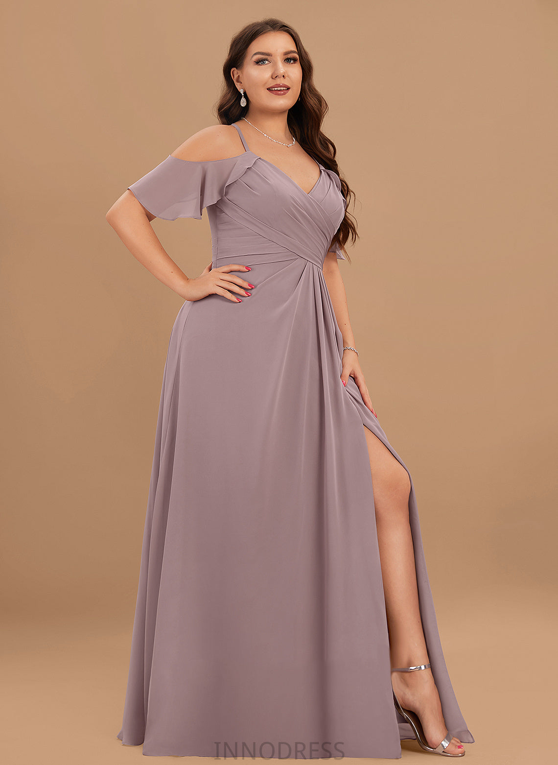 ColdShoulder Silhouette Floor-Length Neckline Length SplitFront CascadingRuffles Embellishment V-neck A-Line Fabric Ruffle Bridesmaid Dresses