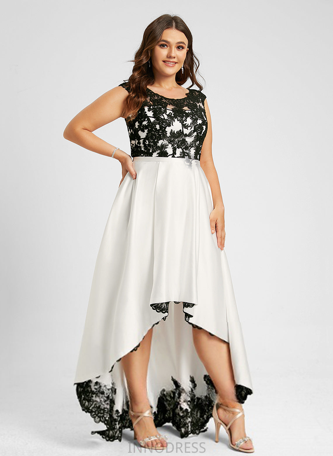 A-Line Prom Dresses Lace Scoop Rosalyn Illusion Asymmetrical Satin