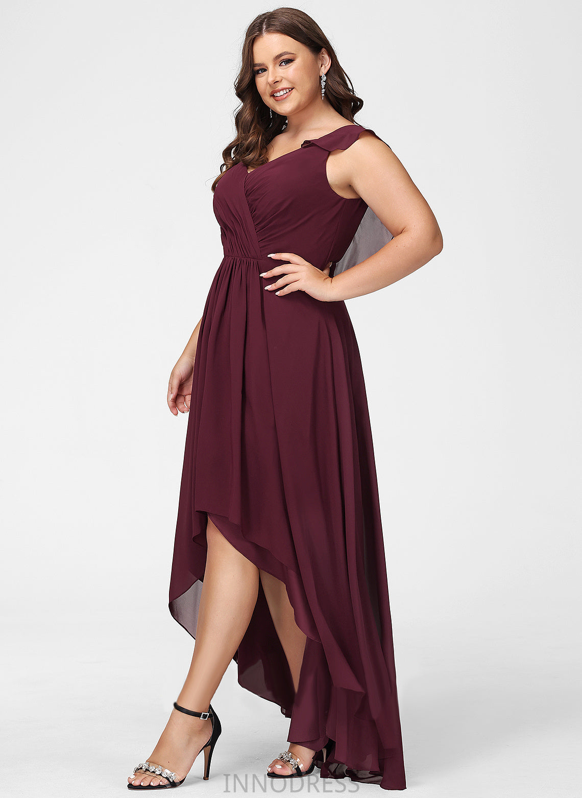 Length Neckline A-Line Silhouette V-neck Fabric Ruffle Embellishment Asymmetrical Kali Floor Length Sleeveless Bridesmaid Dresses