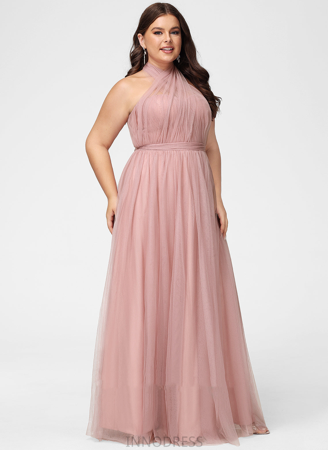 Fabric One-Shoulder Off-the-Shoulder Neckline A-Line Floor-Length Tulle Straps Silhouette V-neck Length Emmalee Bridesmaid Dresses