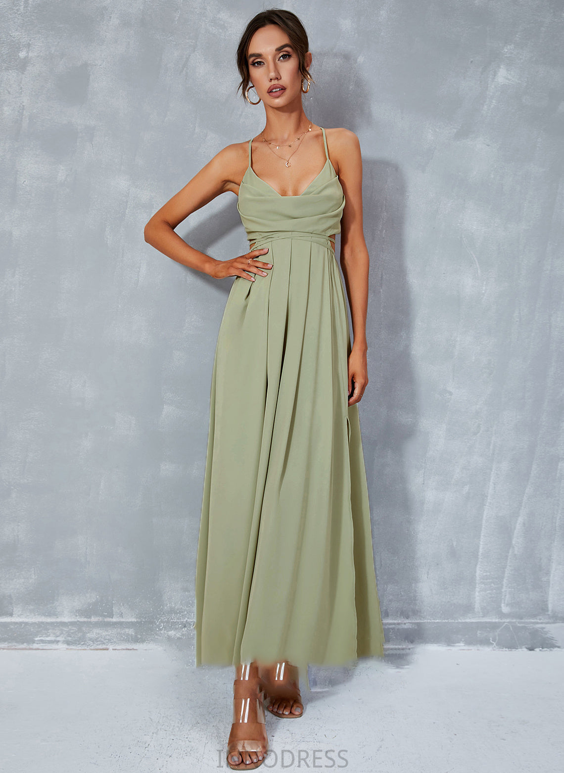 Front Ankle-Length Split Neck A-Line Prom Dresses Cowl Yasmin With