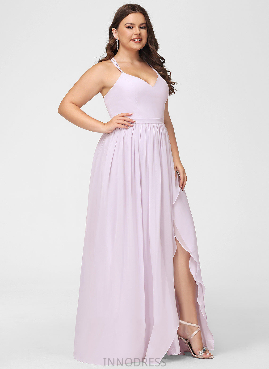 Embellishment Silhouette Fabric SplitFront Length Ruffle A-Line V-neck Neckline Asymmetrical Janae Sleeveless Bridesmaid Dresses