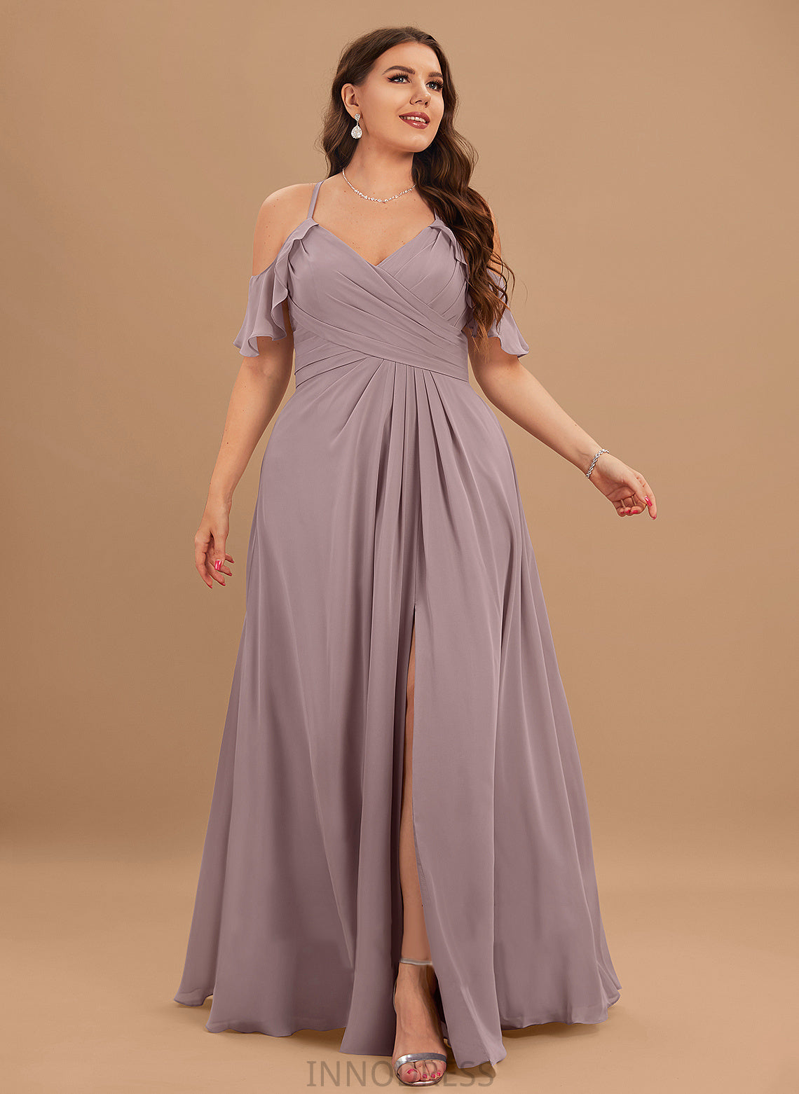 ColdShoulder Silhouette Floor-Length Neckline Length SplitFront CascadingRuffles Embellishment V-neck A-Line Fabric Ruffle Bridesmaid Dresses