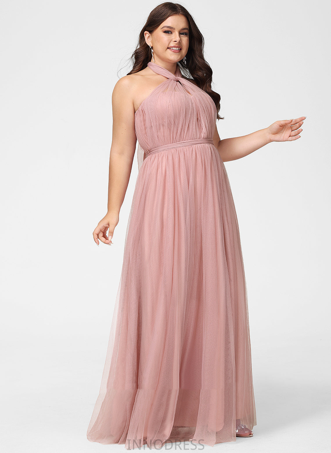 Fabric One-Shoulder Off-the-Shoulder Neckline A-Line Floor-Length Tulle Straps Silhouette V-neck Length Emmalee Bridesmaid Dresses