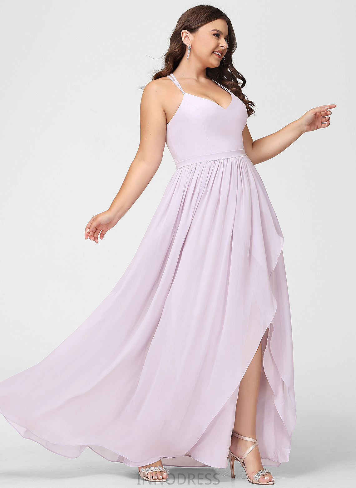 Embellishment Silhouette Fabric SplitFront Length Ruffle A-Line V-neck Neckline Asymmetrical Janae Sleeveless Bridesmaid Dresses