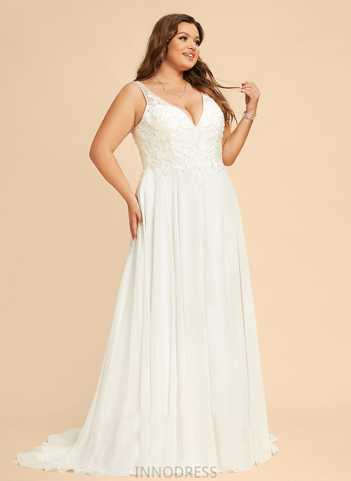 Train Beading V-neck Chiffon Amaris Wedding Front Sweep Sequins Dress Lace Wedding Dresses With A-Line Split