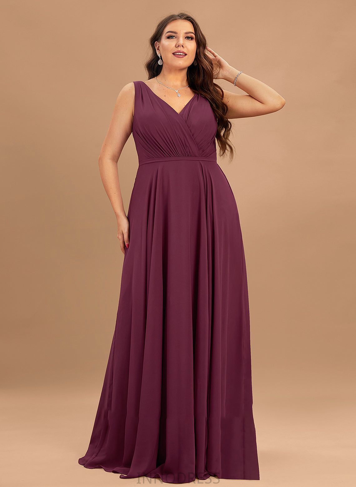 With Chiffon A-Line Prom Dresses Floor-Length V-neck Ruffle Alannah