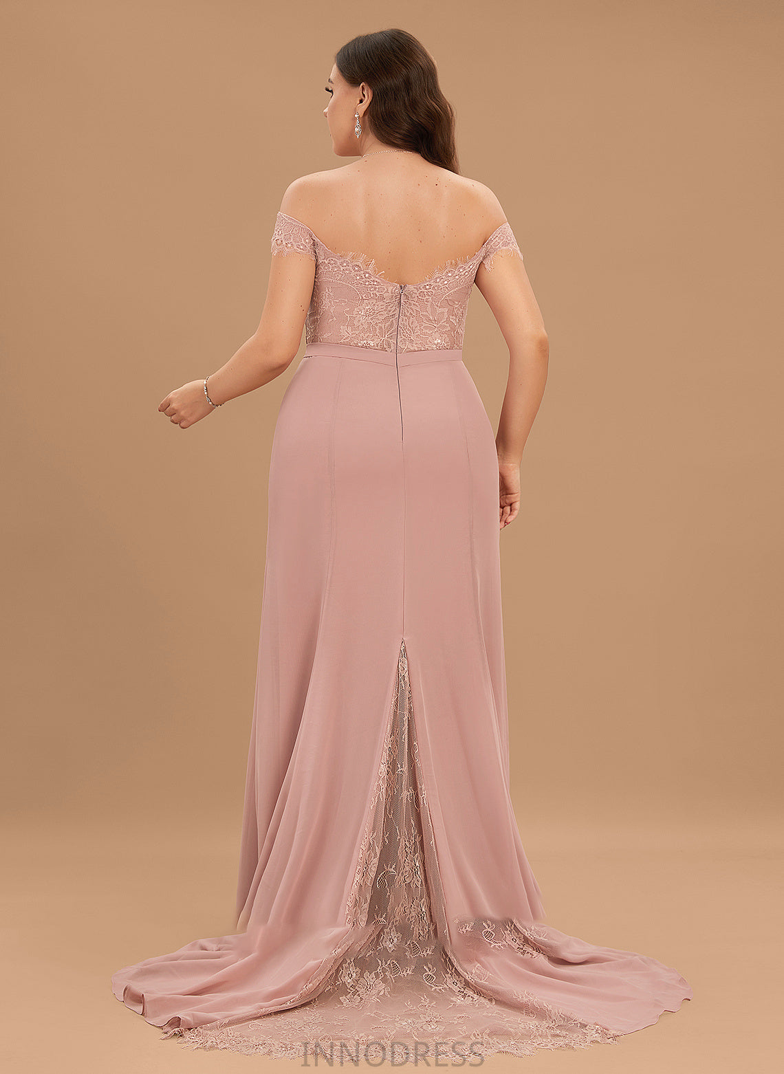 Court Prom Dresses Off-the-Shoulder Trumpet/Mermaid Train Lace Natalee With Chiffon Sequins