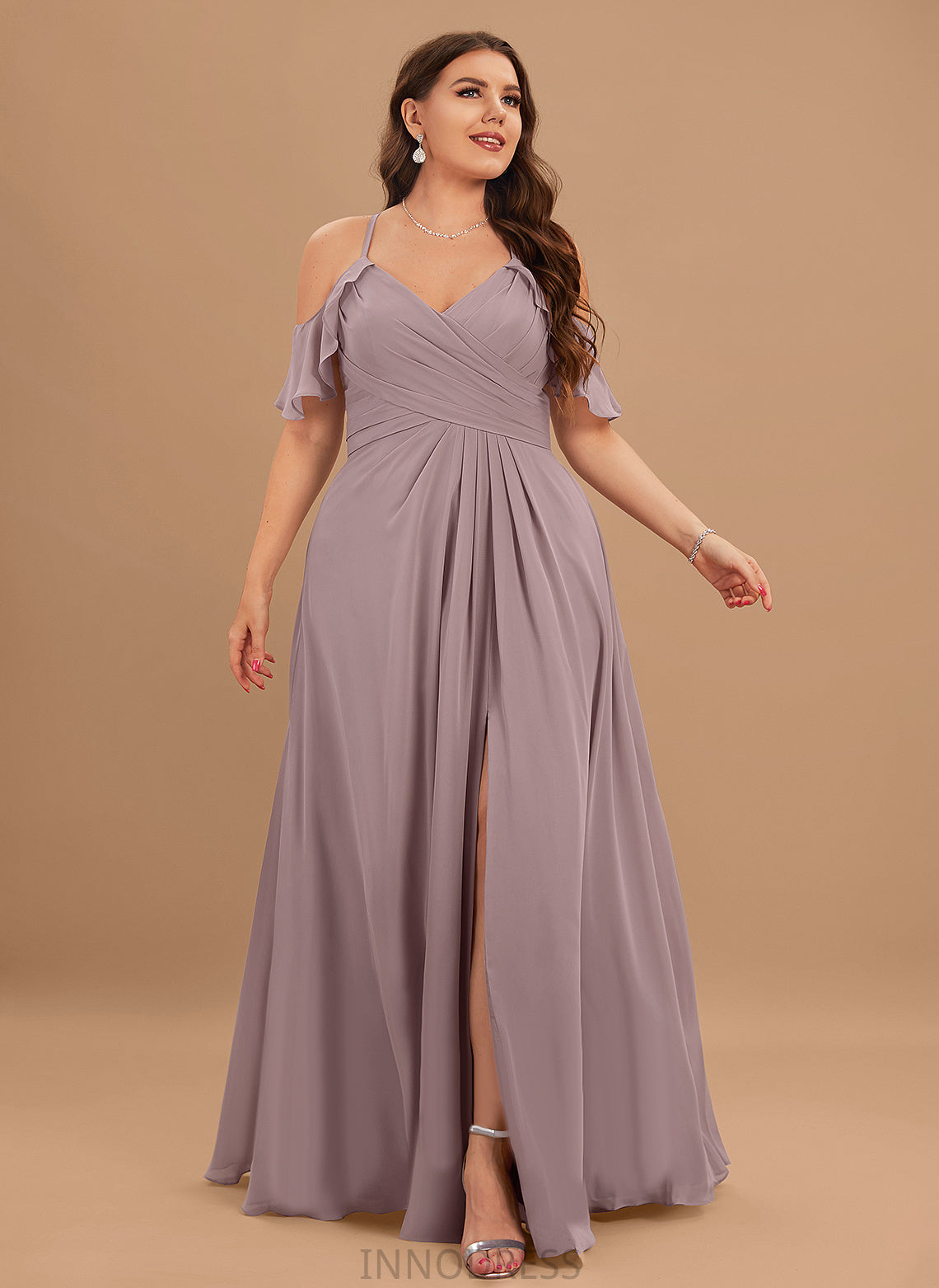 Floor-Length Straps&Sleeves Pleated Fabric Length Embellishment Silhouette A-Line Hailee Bridesmaid Dresses