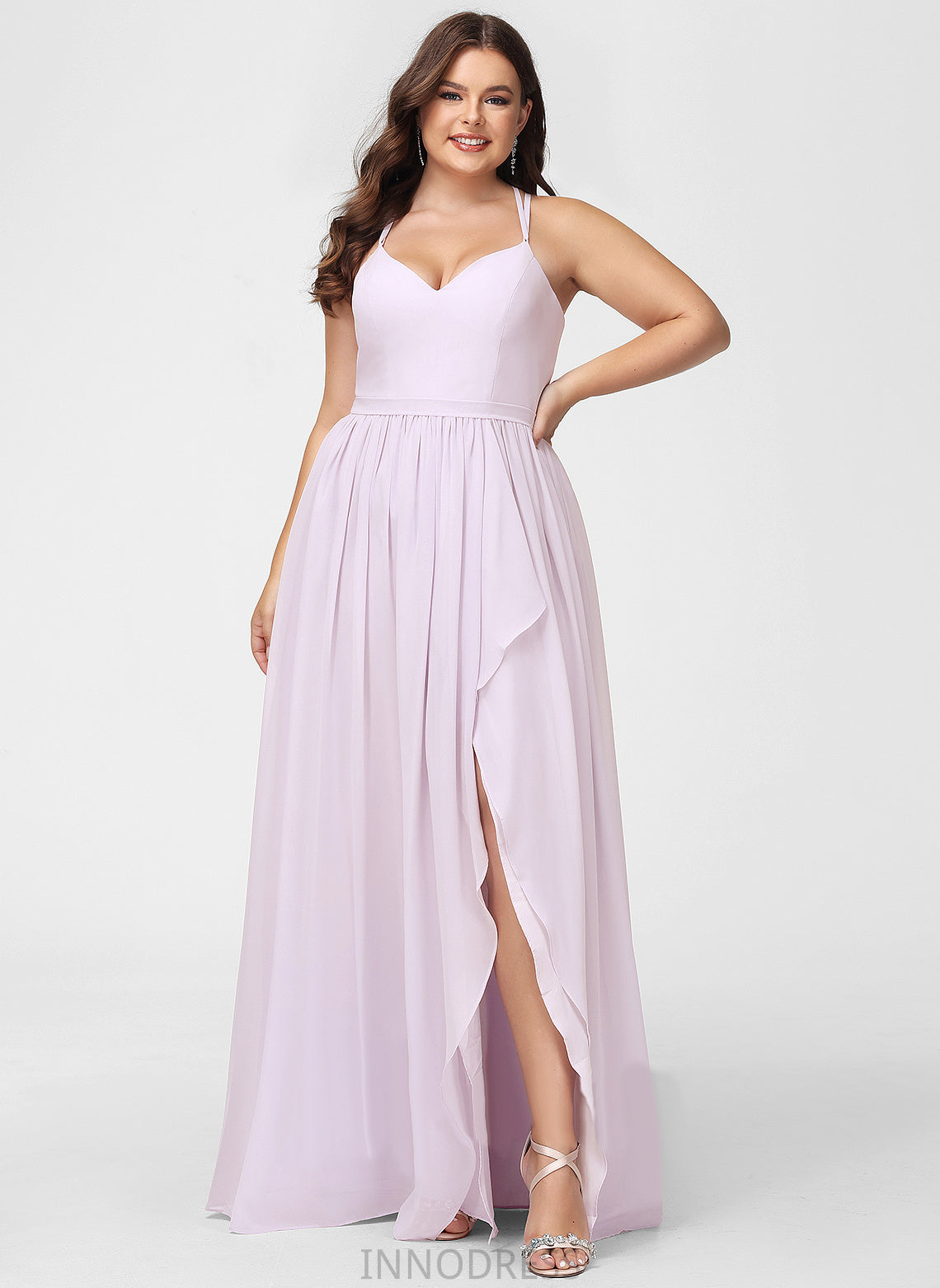 Embellishment Silhouette Fabric SplitFront Length Ruffle A-Line V-neck Neckline Asymmetrical Janae Sleeveless Bridesmaid Dresses