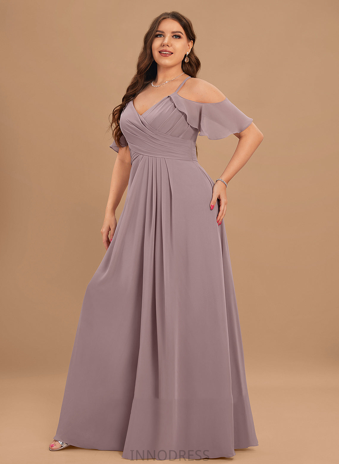 ColdShoulder Silhouette Floor-Length Neckline Length SplitFront CascadingRuffles Embellishment V-neck A-Line Fabric Ruffle Bridesmaid Dresses