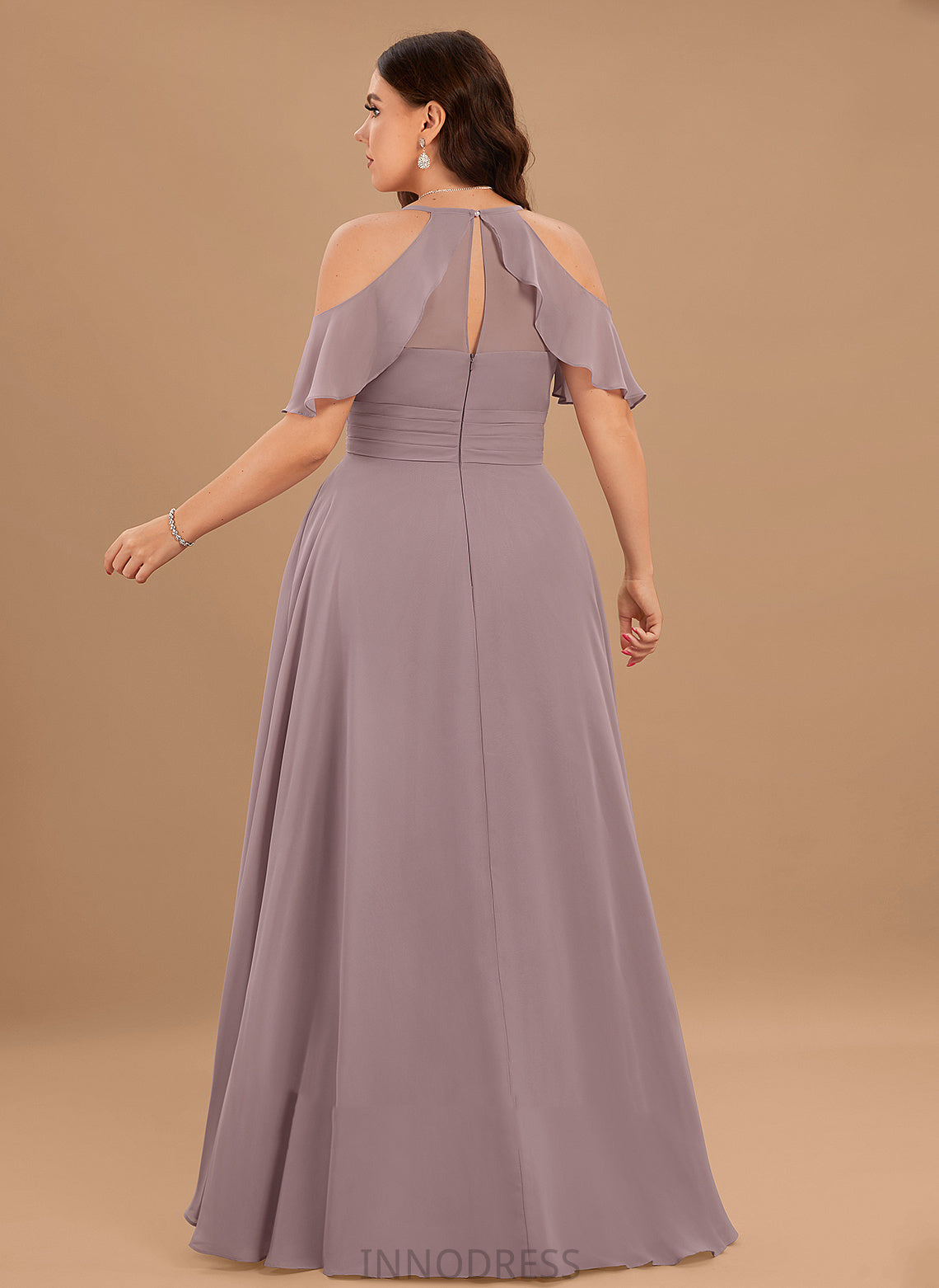 ColdShoulder Silhouette Floor-Length Neckline Length SplitFront CascadingRuffles Embellishment V-neck A-Line Fabric Ruffle Bridesmaid Dresses