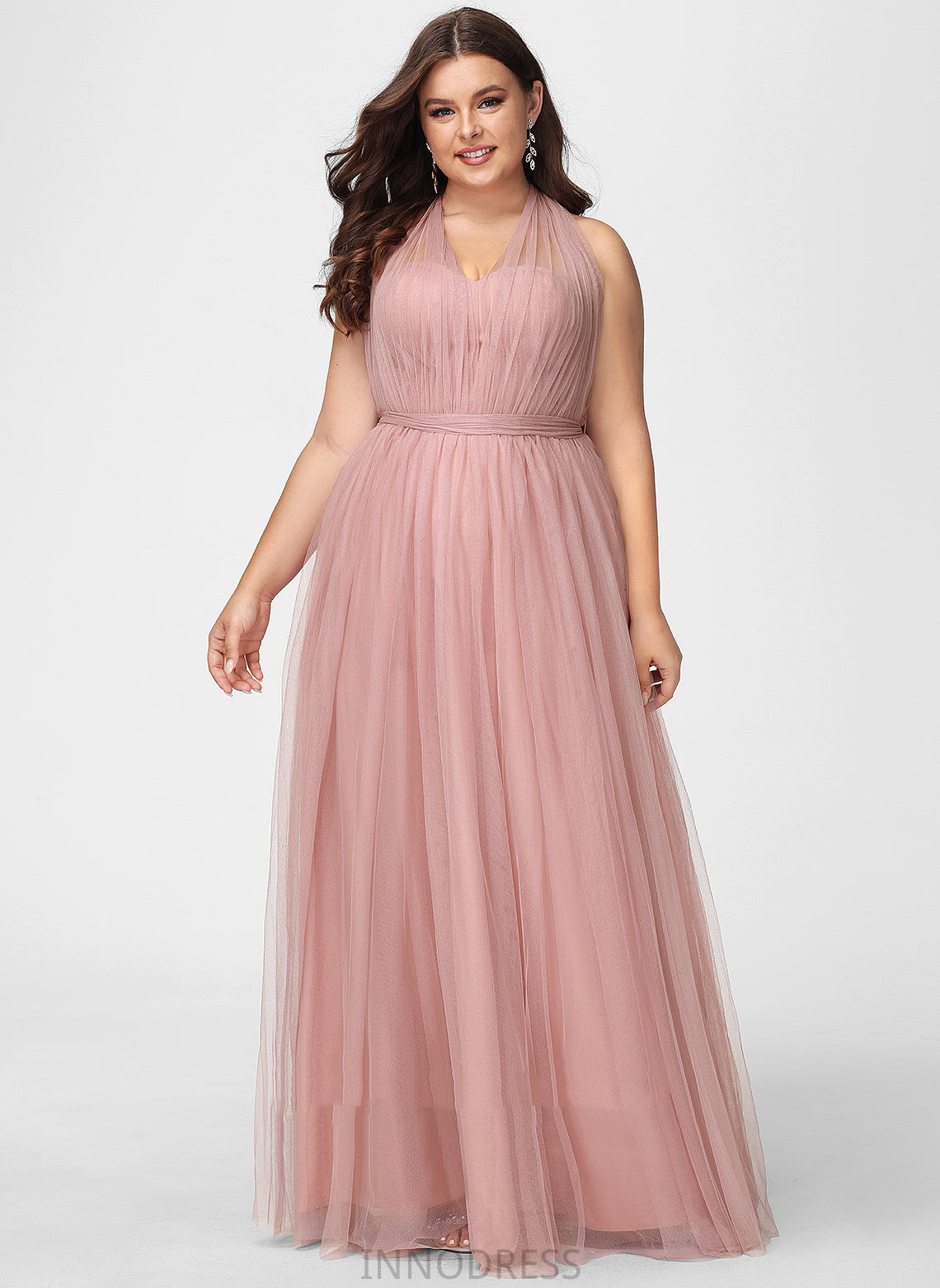 Fabric One-Shoulder Off-the-Shoulder Neckline A-Line Floor-Length Tulle Straps Silhouette V-neck Length Emmalee Bridesmaid Dresses