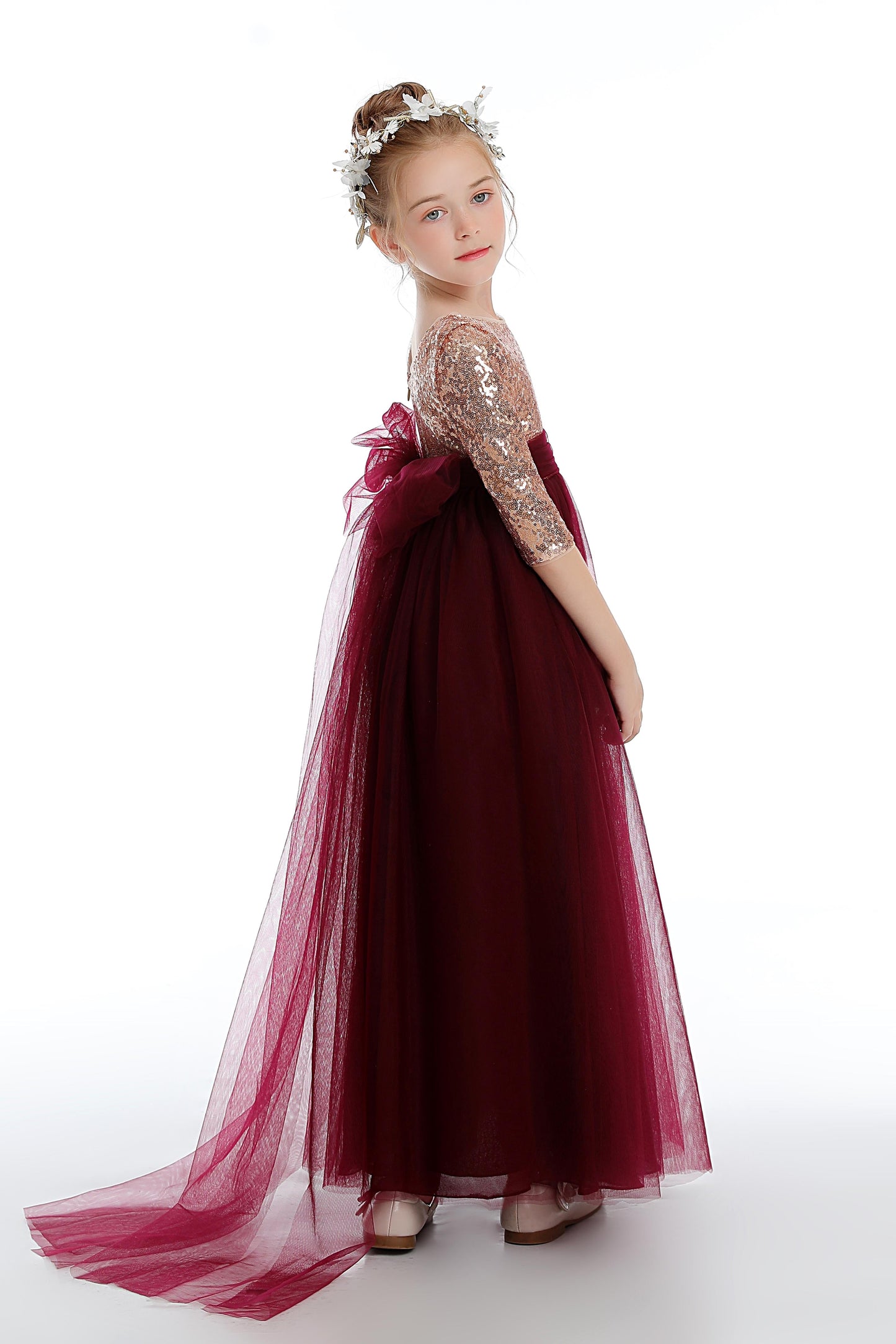 Cute Burgundy A-Line Tulle Flower Girl Dresses With Sequins