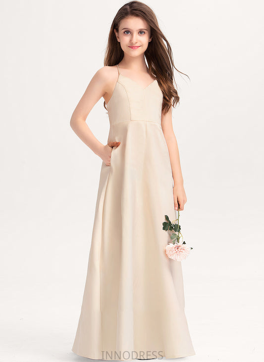 V-neck Junior Bridesmaid Dresses With A-Line Floor-Length Kylie Satin Pockets