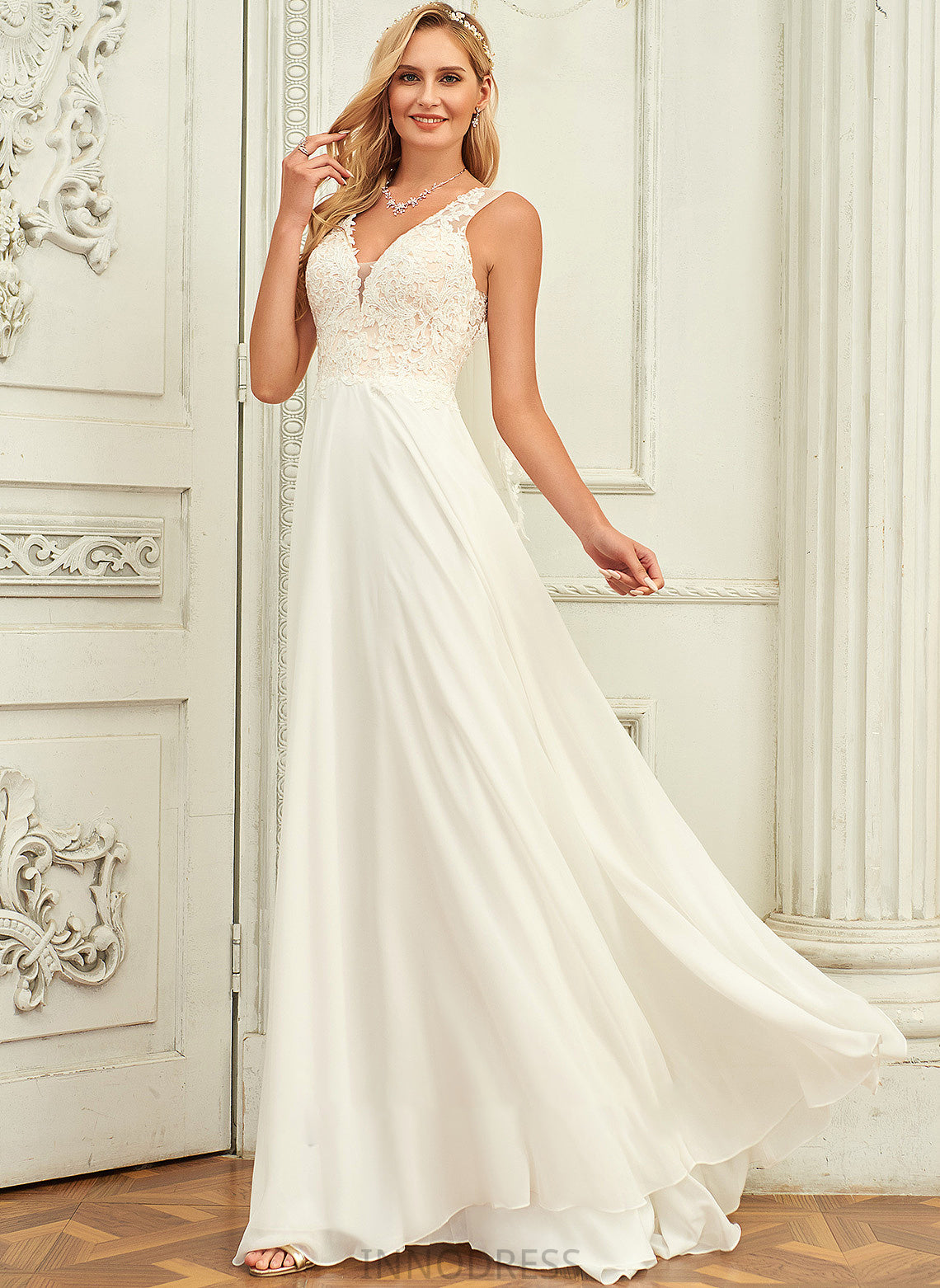 Chiffon Lace Arabella Train A-Line Wedding V-neck With Lace Sweep Wedding Dresses Dress