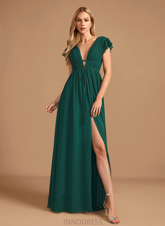 Neckline Floor-Length Silhouette Fabric Length Embellishment SplitFront A-Line V-neck Persis Sleeveless Spaghetti Staps Bridesmaid Dresses