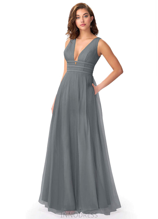 Mira V-Neck Natural Waist A-Line/Princess Satin Sleeveless Floor Length Bridesmaid Dresses