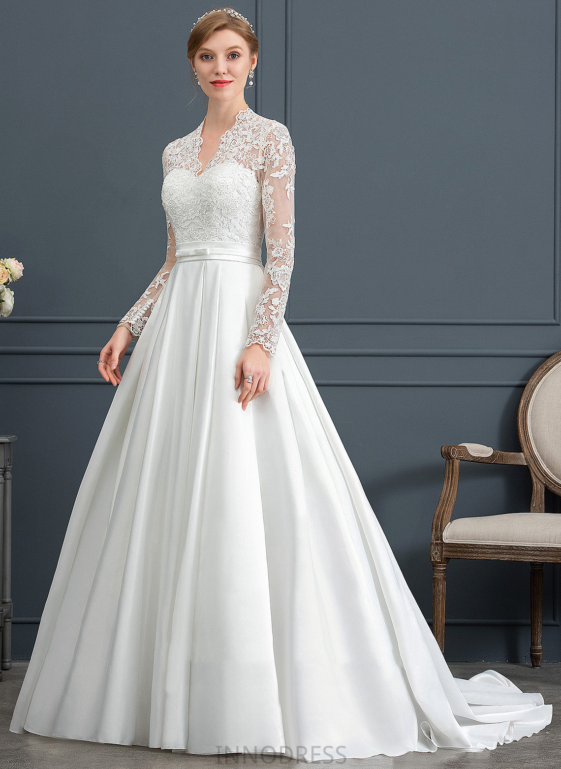 V-neck Wedding Lace Ball-Gown/Princess Elena With Satin Bow(s) Dress Train Wedding Dresses Court