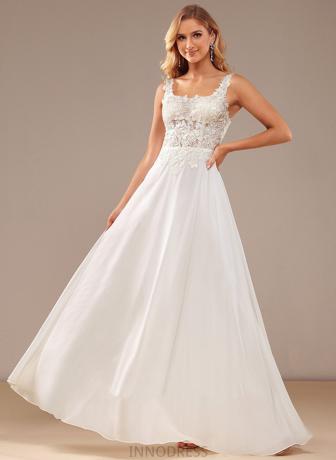 Floor-Length Wedding With A-Line Neckline Lace Lace Chiffon Haleigh Sequins Wedding Dresses Square Dress