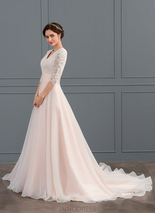 Court Tania Wedding With V-neck Wedding Dresses Ruffle Ball-Gown/Princess Lace Organza Dress Train