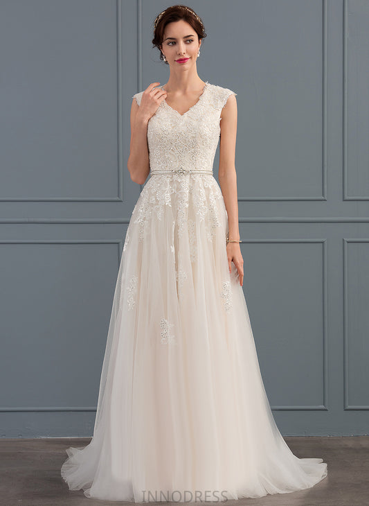 Beading Wedding Train Bow(s) V-neck Tulle With Sequins A-Line Sweep Wedding Dresses Liana Dress Lace