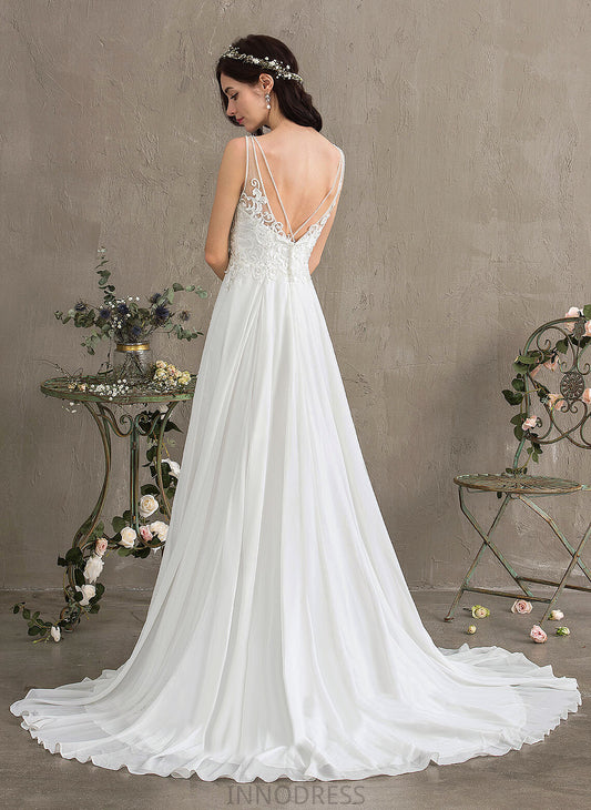 Train Beading V-neck Chiffon Amaris Wedding Front Sweep Sequins Dress Lace Wedding Dresses With A-Line Split