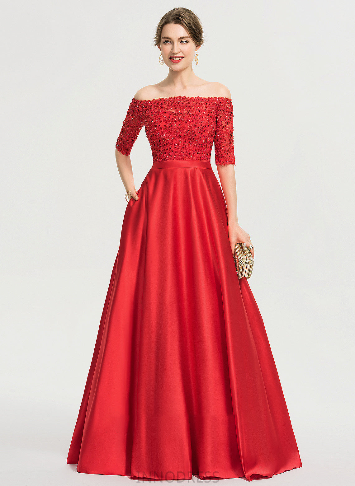 Pockets Sequins Prom Dresses June Sweetheart Beading Satin With Ball-Gown/Princess Floor-Length